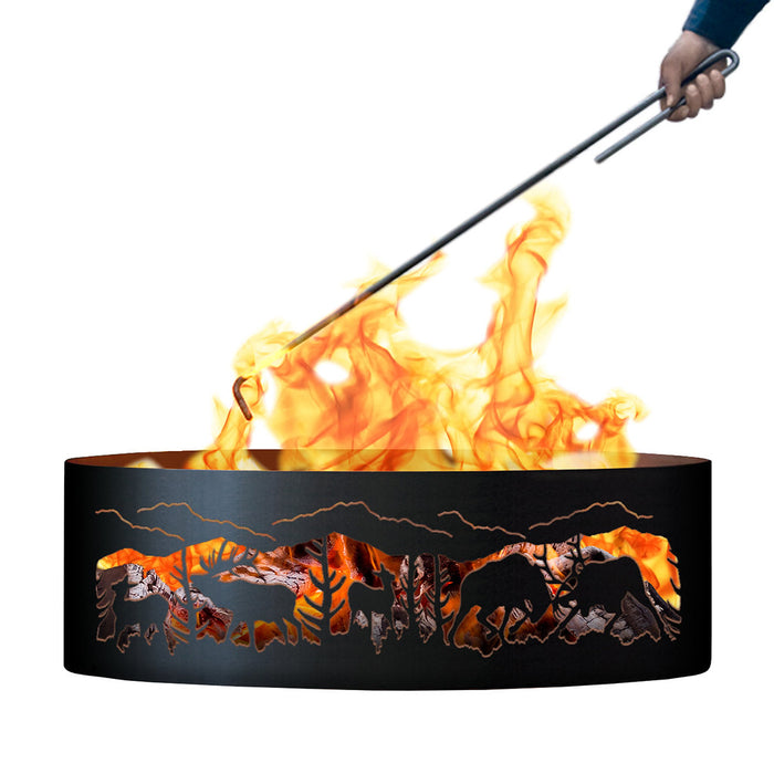 PD Metals FER00660-FP Fighting Elk Unpainted 12 in. Tall 60 in. Diameter Outdoor Fire Ring with Fire Poker - 60 x 60 x 12 in. - Unpainted Metal Gray