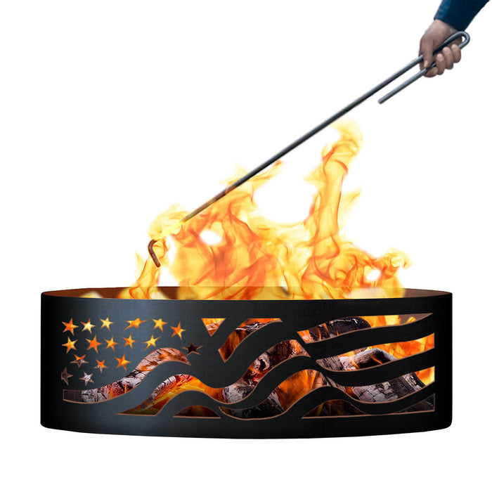 PD Metals AF01260-FP American Flag Unpainted 12 in. Tall 60 in. Diameter Outdoor Fire Ring with Fire Poker - 60 x 60 x 12 in. - Unpainted Metal Gray