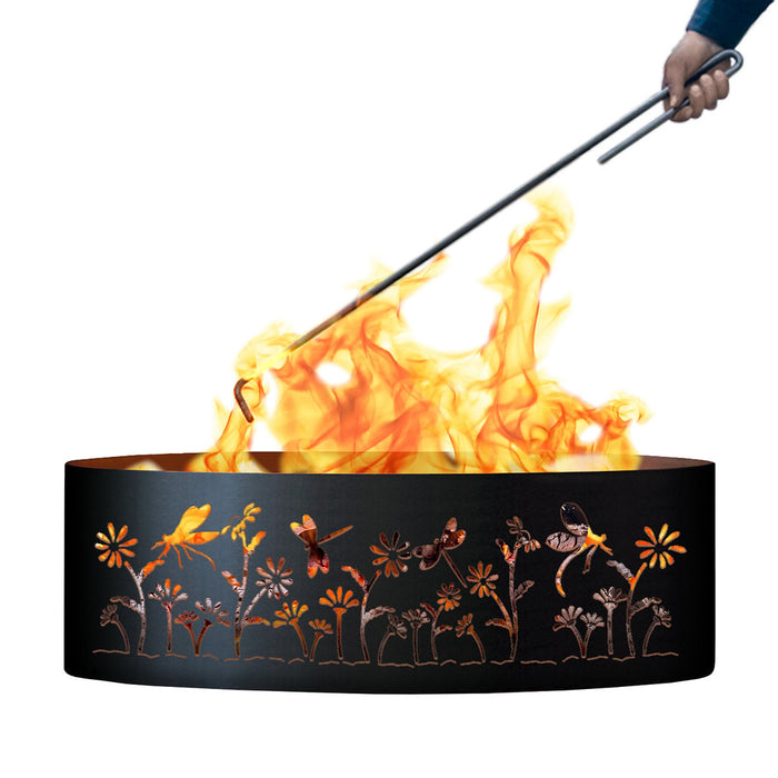PD Metals Dragonfly Unpainted Outdoor Fire Ring with Fire Poker - Unpainted Metal Gray