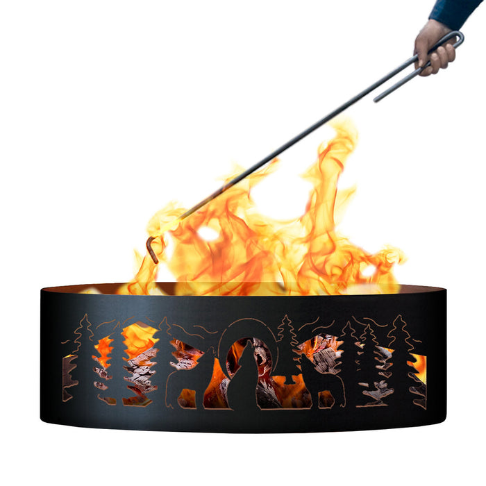 PD Metals Wolves Unpainted  Outdoor Fire Ring with Fire Poker - Unpainted Metal Gray